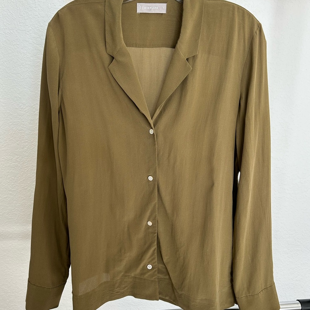 Everlane Notch Collar Olive Silk Blouse